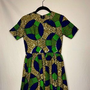 Handmade African Ankara Wax Crew Neck/Fit and Flare Dress Short Sleeve XS/S